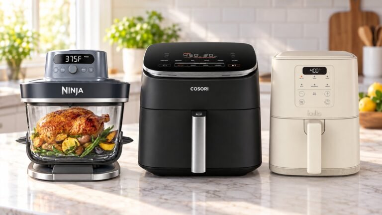 Best non-toxic air fryer picks: Ninja Crispi Pro glass air fryer, COSORI TurboBlaze and bella Slim ceramic-coated air fryers side by side on a kitchen counter