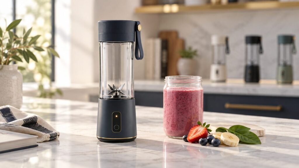 Is the BlendJet worth it — a portable blender beside a fresh berry smoothie on a marble counter