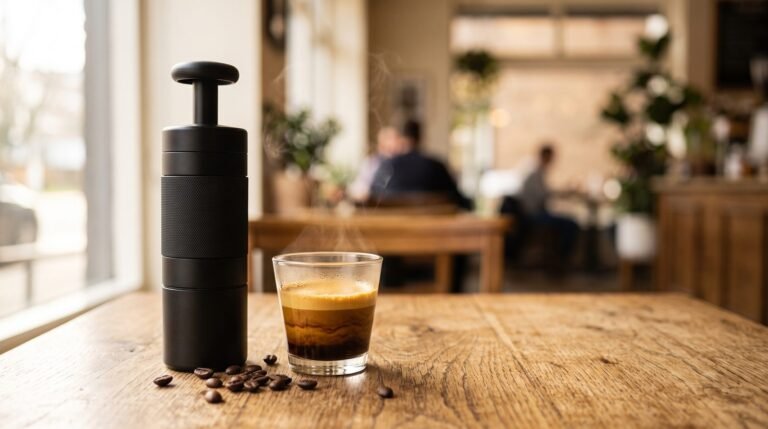 Portable espresso maker and a fresh espresso shot with crema