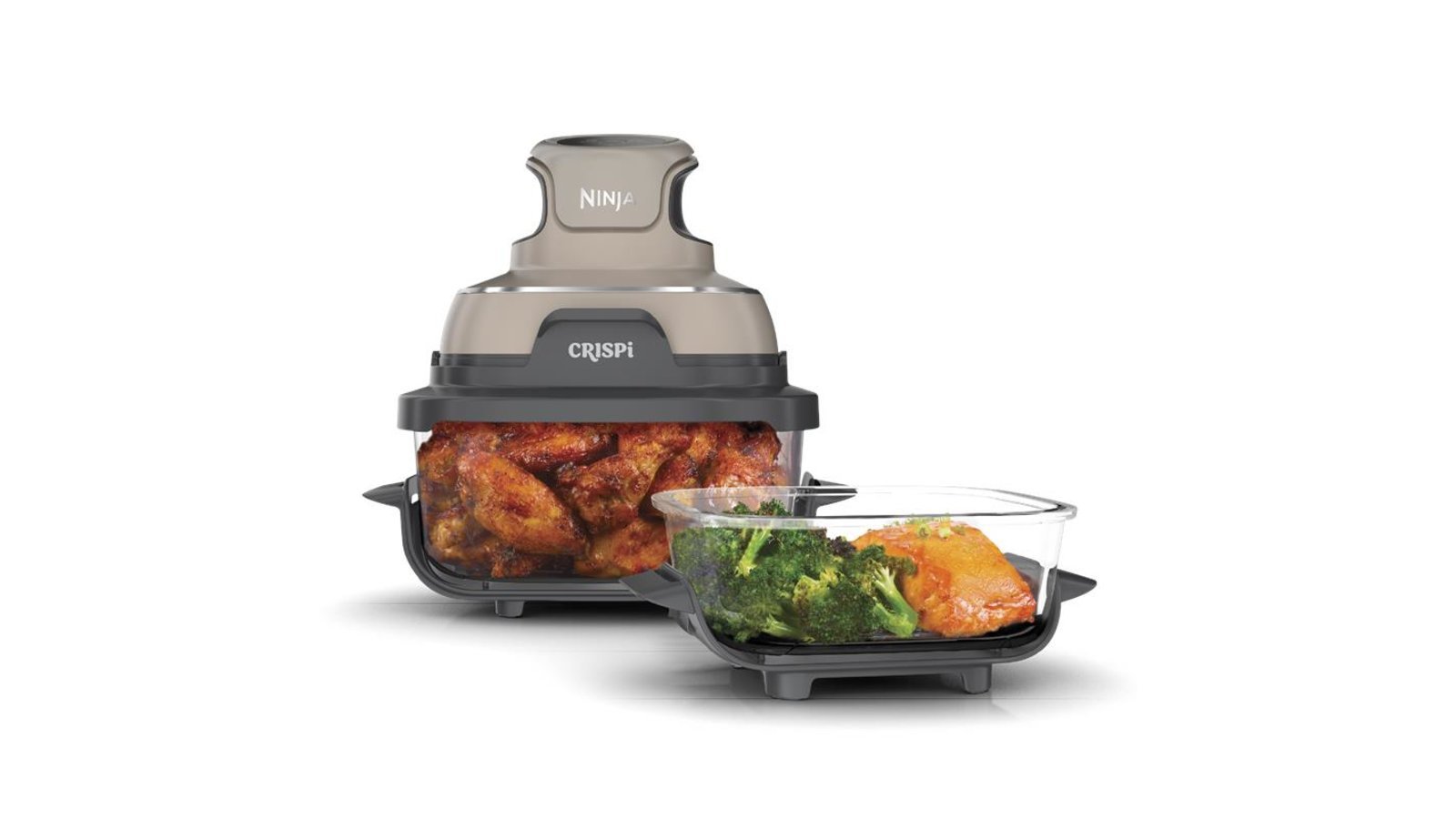 Ninja Crispi glass air fryer with its heating unit on the 4-qt glass container next to the 6-cup container