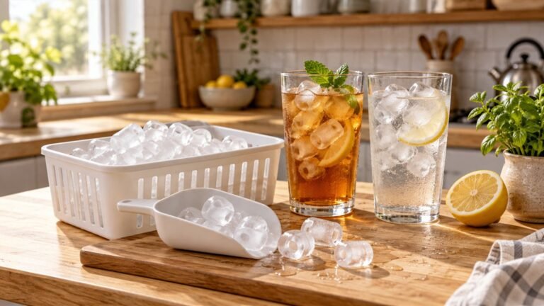 Best countertop ice makers guide: bullet ice cubes in a white basket next to iced drinks on a kitchen counter