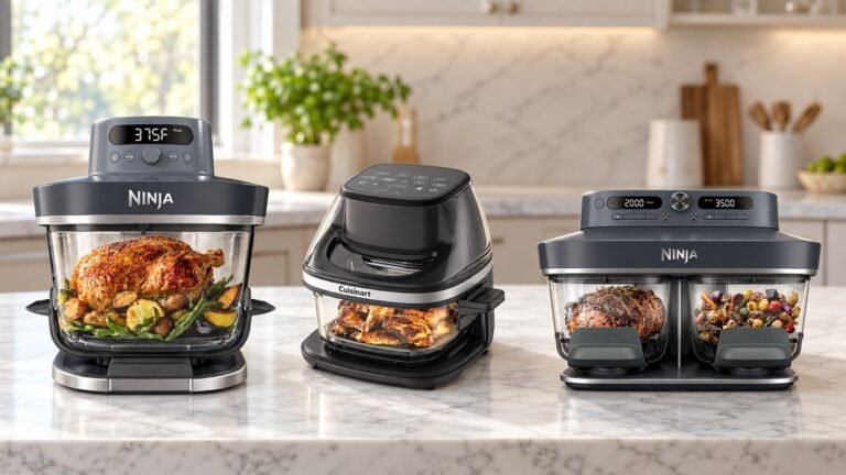 Best glass air fryers: Ninja Crispi Pro, Cuisinart ClearView and Ninja Crispi DualZone glass air fryers side by side on a kitchen counter