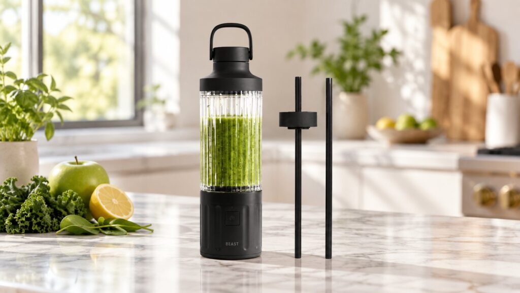Best portable blender pick: Beast GO Cordless portable blender with a green smoothie and its straws on a kitchen counter