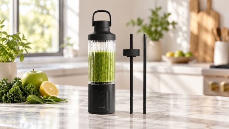 Best portable blender pick: Beast GO Cordless portable blender with a green smoothie and its straws on a kitchen counter