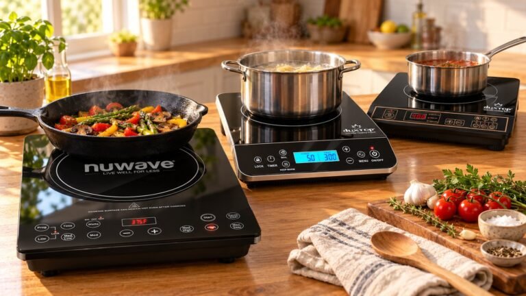 Best portable induction cooktops: Nuwave Pro Chef, Duxtop 9600LS and Duxtop 8100MC on a sunny kitchen counter with pans