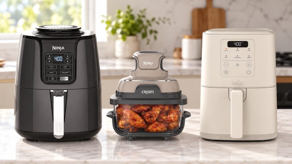 Best small air fryer picks: Ninja AF101, Ninja Crispi glass air fryer and bella Slim side by side on a kitchen counter