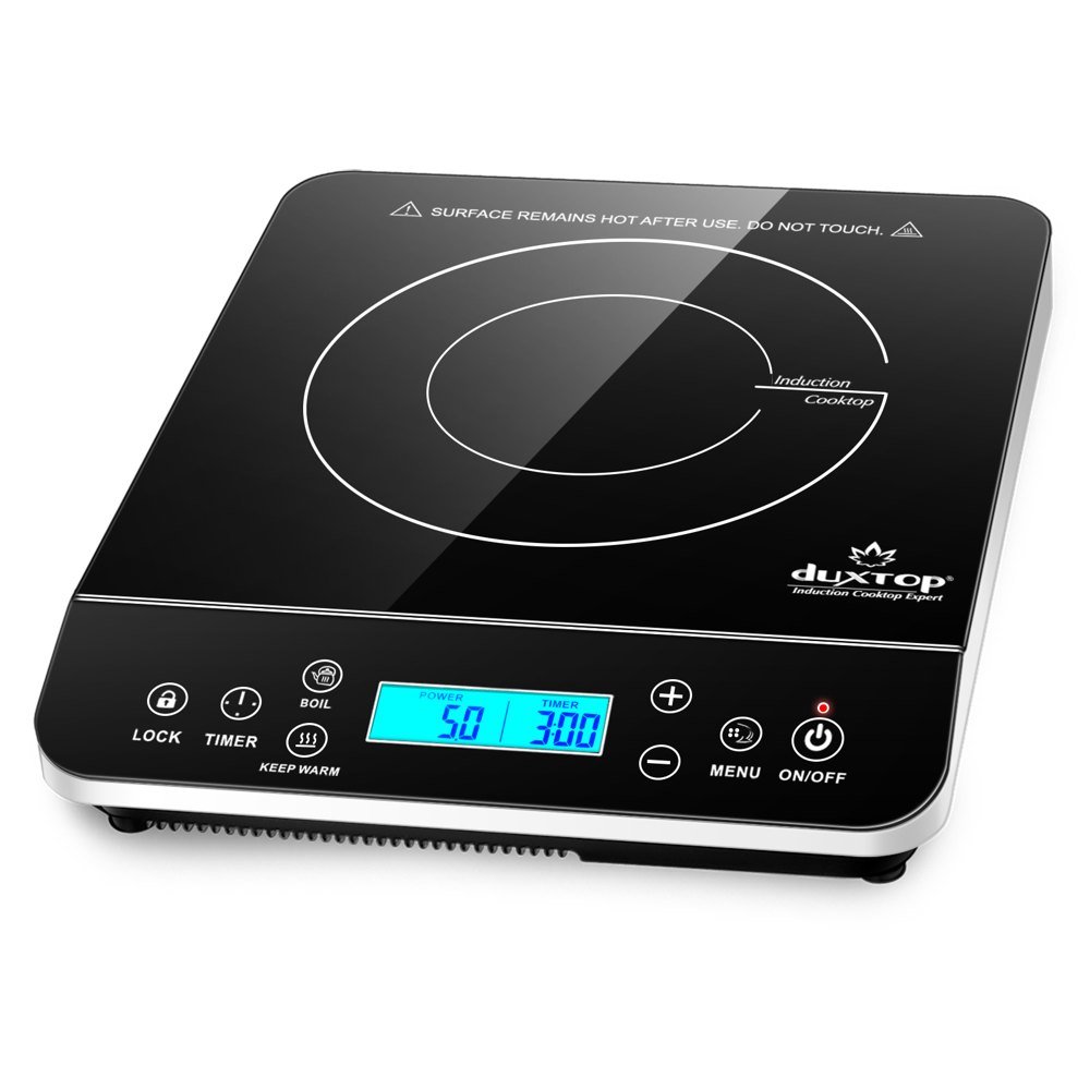 Duxtop 9600LS portable induction cooktop with silver trim and blue LCD touch panel