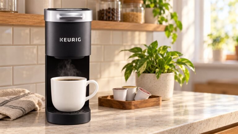 Keurig K-Mini review: the black Keurig K-Mini single-serve coffee maker with a mug of coffee on a small kitchen counter