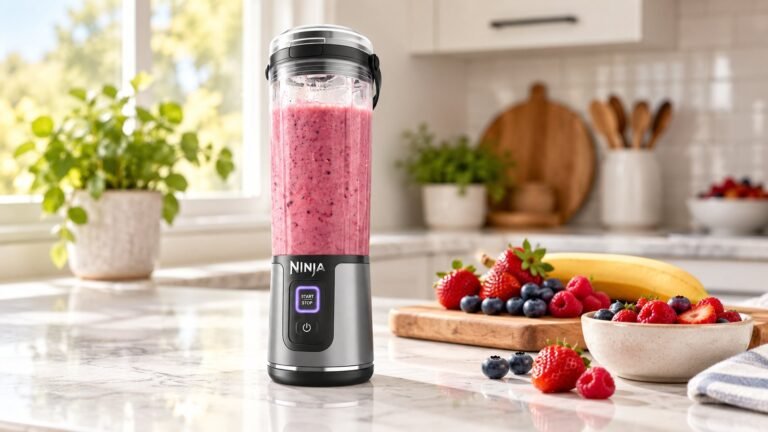 Is the Ninja Blast worth it? Ninja Blast cordless portable blender with a berry smoothie on a kitchen counter