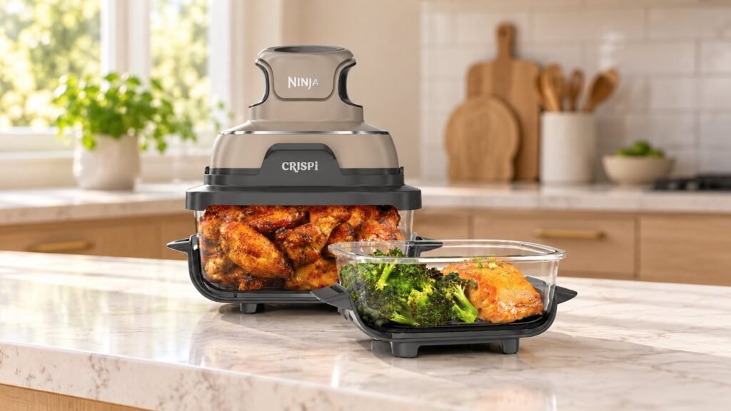 Is the Ninja Crispi worth it? Ninja Crispi glass air fryer on the 4-qt container next to the 6-cup container on a kitchen counter