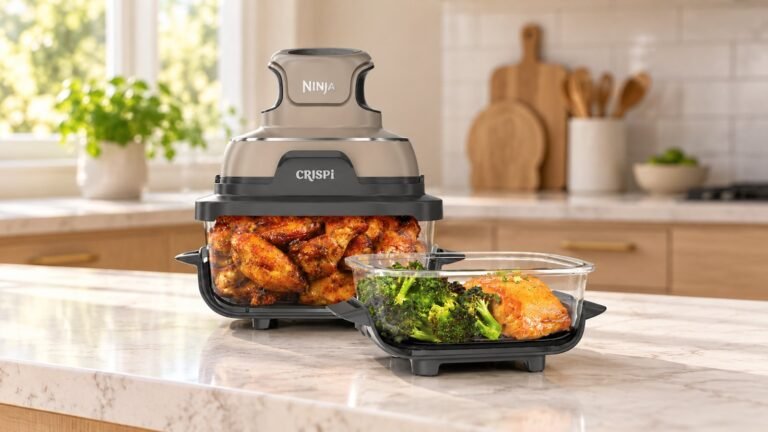 Is the Ninja Crispi worth it? Ninja Crispi glass air fryer on the 4-qt container next to the 6-cup container on a kitchen counter