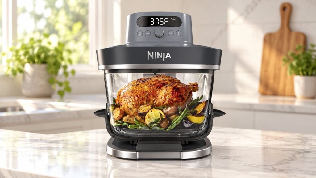 Is the Ninja Crispi Pro worth it? Ninja Crispi Pro glass air fryer with a roast chicken on a kitchen counter