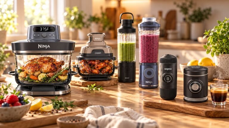 Portable kitchen appliances on a sunny kitchen counter: Ninja Crispi Pro and Ninja Crispi glass air fryers, Beast GO and Ninja Blast Max portable blenders, and Wacaco portable espresso makers