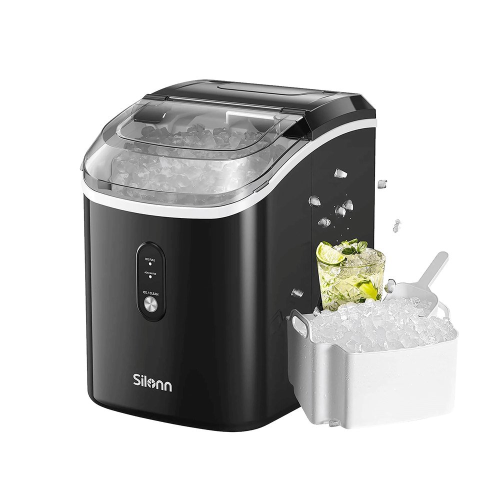Silonn SLIM17B countertop nugget ice maker in black with its removable ice basket